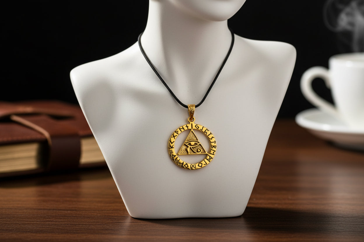 Gold Eye of Horus Necklace, Pyramid Pendant, Ancient Egyptian Talisman Jewelry
