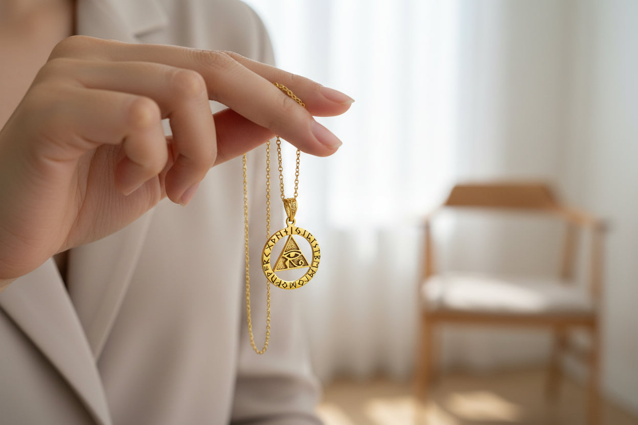 Gold Eye of Horus Necklace, Pyramid Pendant, Ancient Egyptian Talisman Jewelry