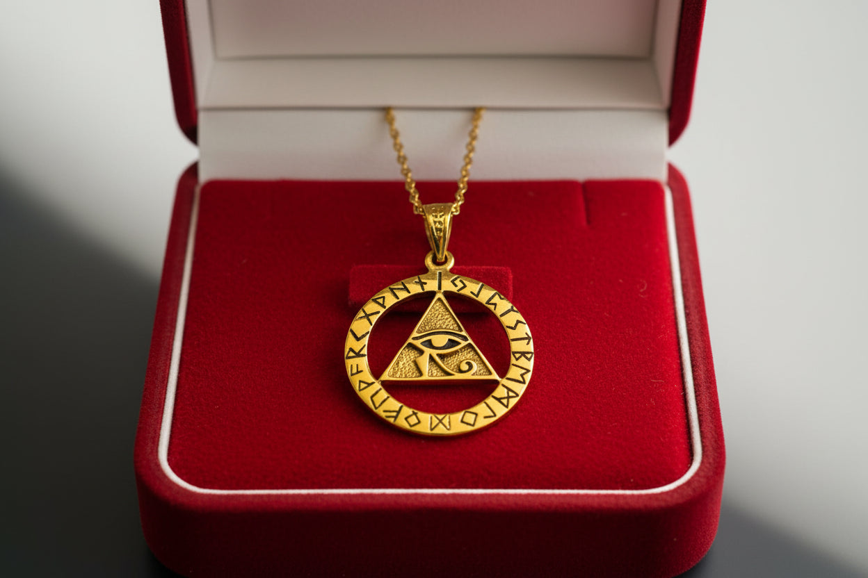 Gold Eye of Horus Necklace, Pyramid Pendant, Ancient Egyptian Talisman Jewelry