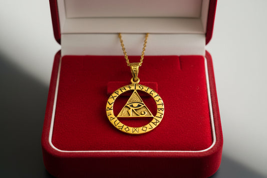 Gold Eye of Horus Necklace, Pyramid Pendant, Ancient Egyptian Talisman Jewelry