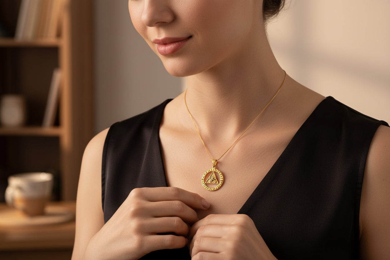 Gold Eye of Horus Necklace, Pyramid Pendant, Ancient Egyptian Talisman Jewelry