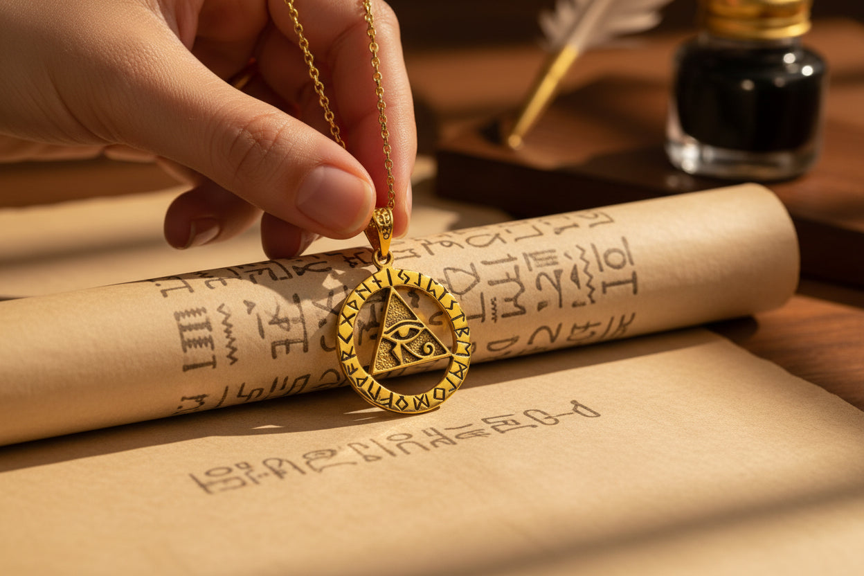 Gold Eye of Horus Necklace, Pyramid Pendant, Ancient Egyptian Talisman Jewelry
