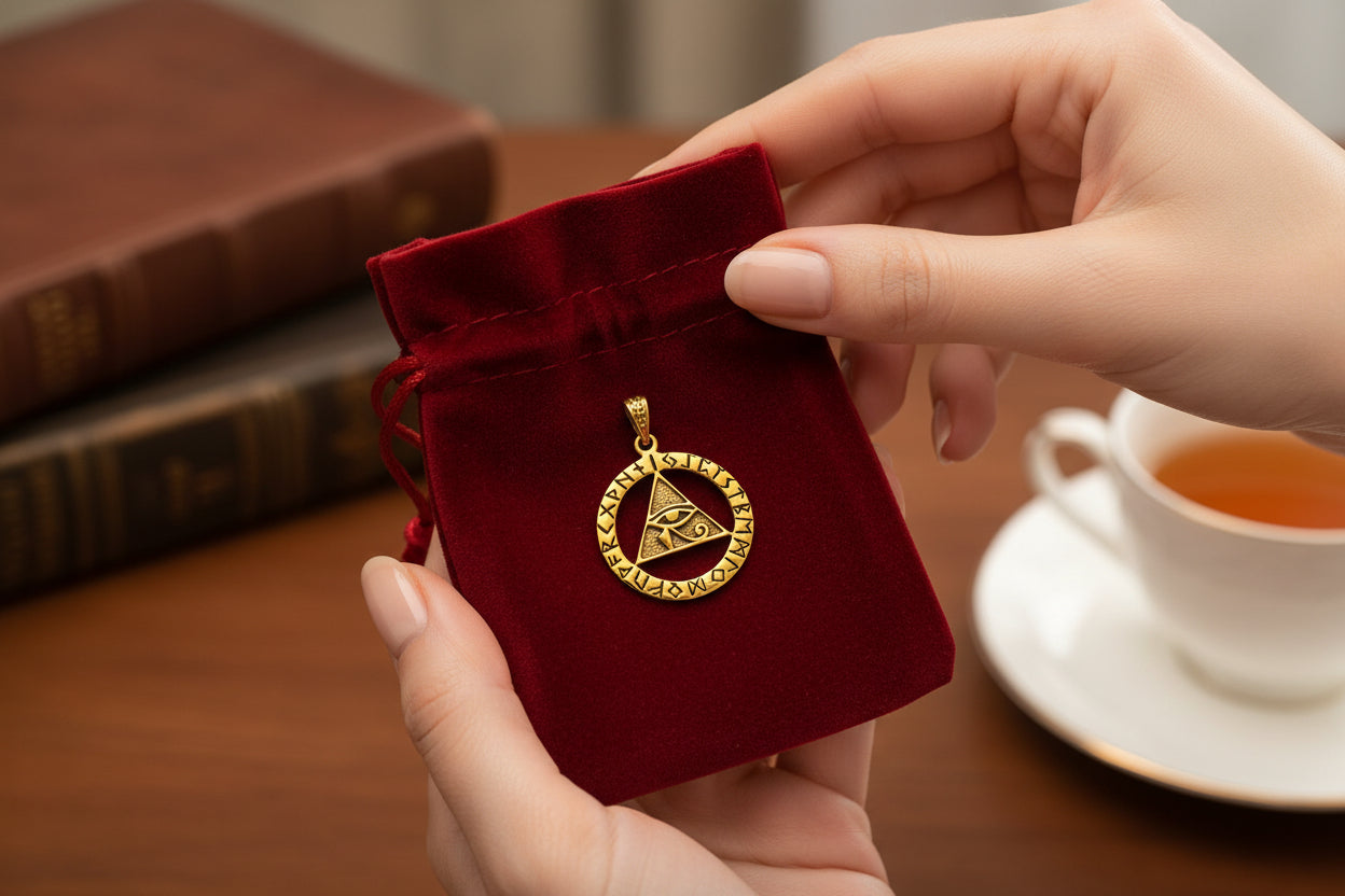 Gold Eye of Horus Necklace, Pyramid Pendant, Ancient Egyptian Talisman Jewelry