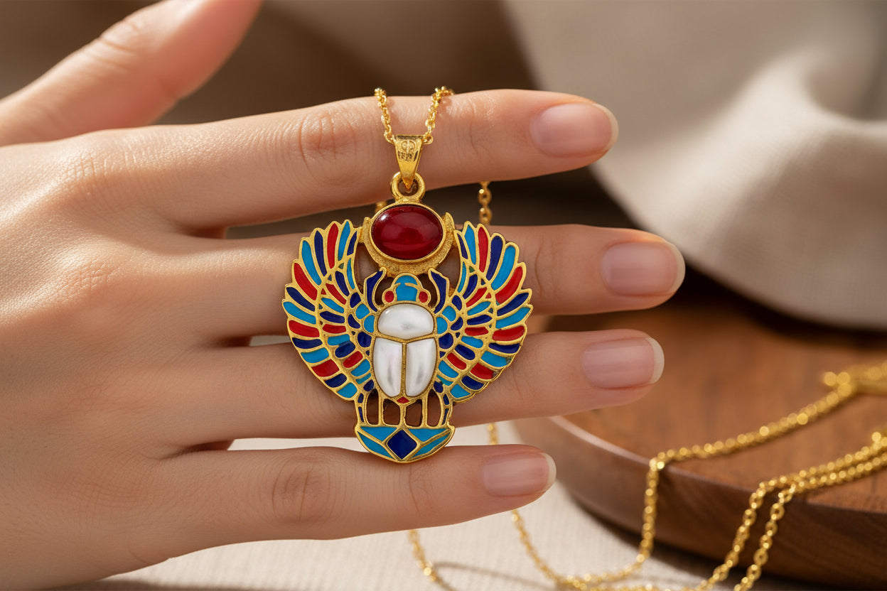Gold Winged Scarab Pendant, Egyptian Revival Necklace, Mother of Pearl & Enamel