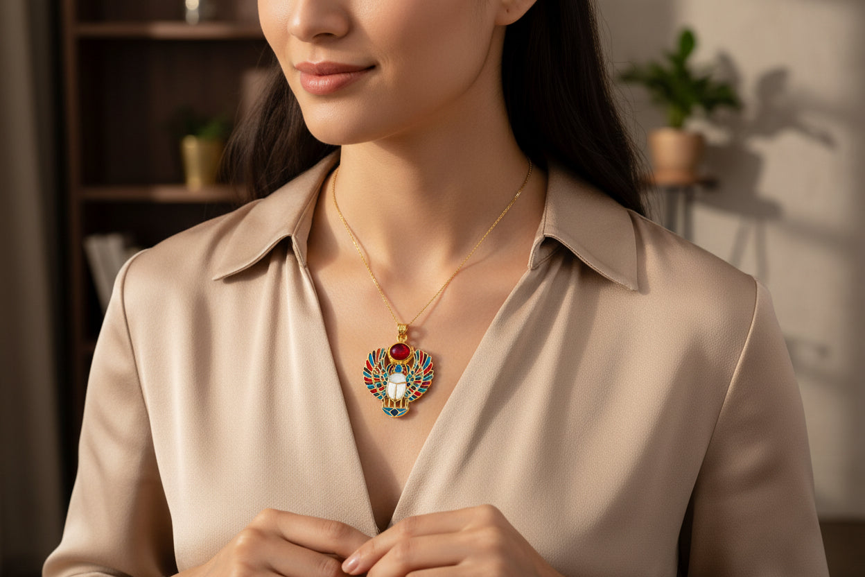 Gold Winged Scarab Pendant, Egyptian Revival Necklace, Mother of Pearl & Enamel