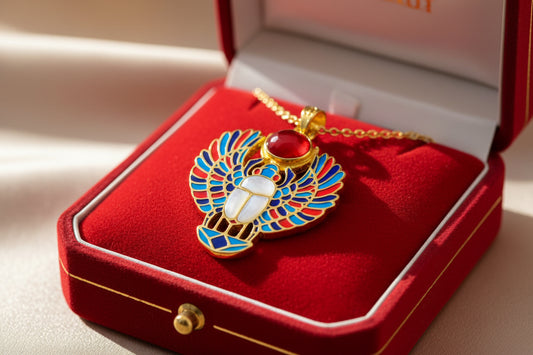Gold Winged Scarab Pendant, Egyptian Revival Necklace, Mother of Pearl & Enamel