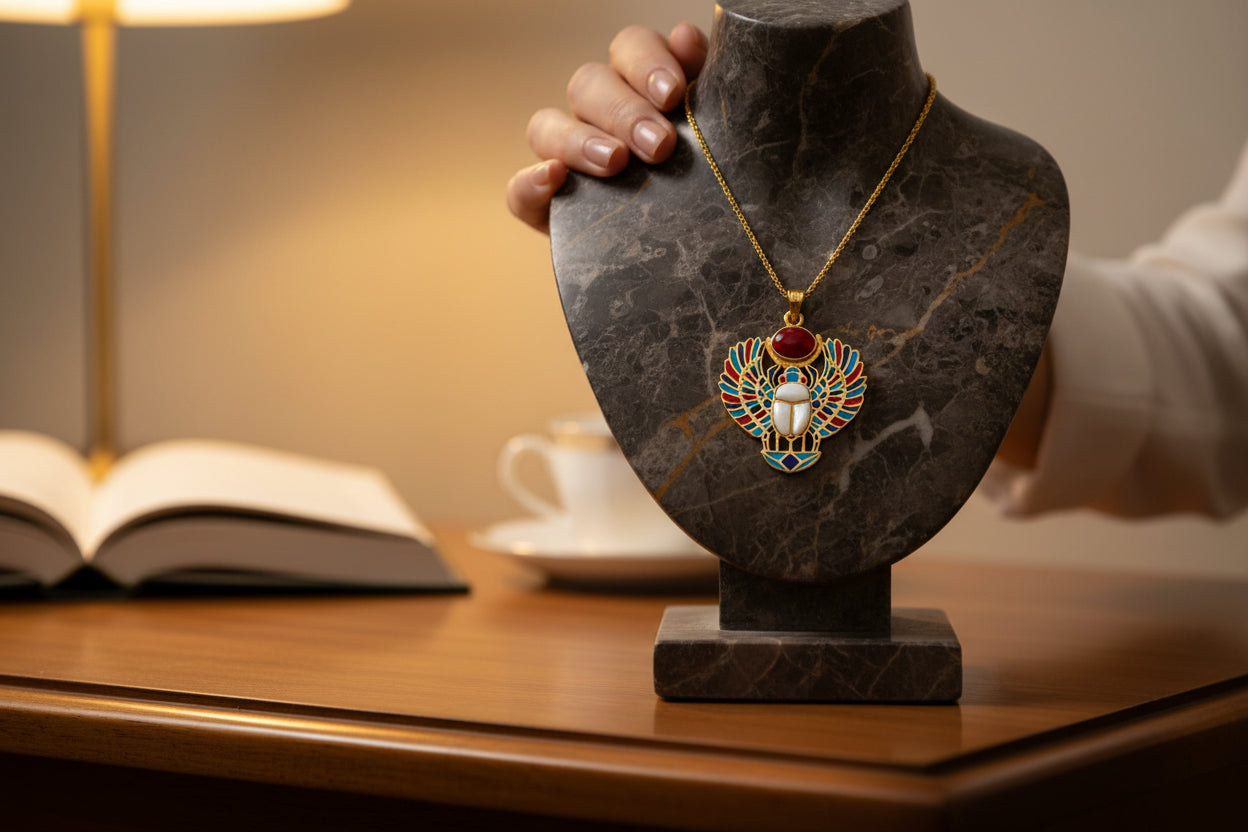 Gold Winged Scarab Pendant, Egyptian Revival Necklace, Mother of Pearl & Enamel