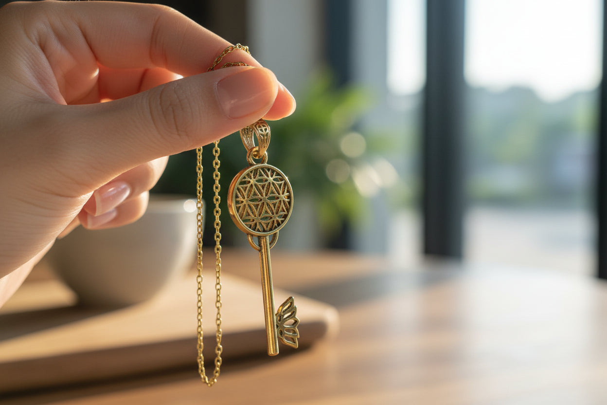 Gold Flower of Life Key Pendant, Egyptian Talisman Necklace