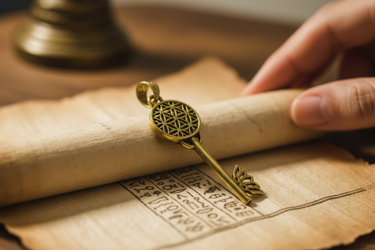Gold Flower of Life Key Pendant, Egyptian Talisman Necklace