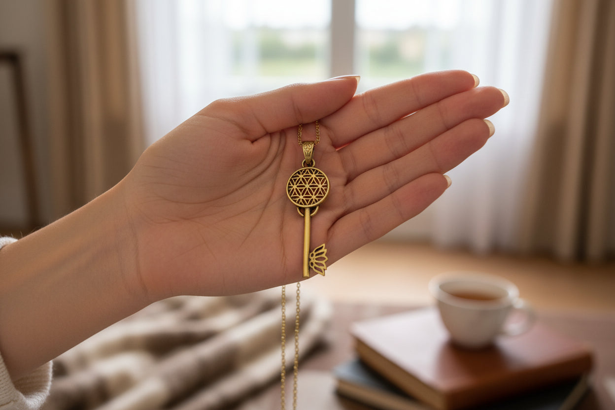 Gold Flower of Life Key Pendant, Egyptian Talisman Necklace