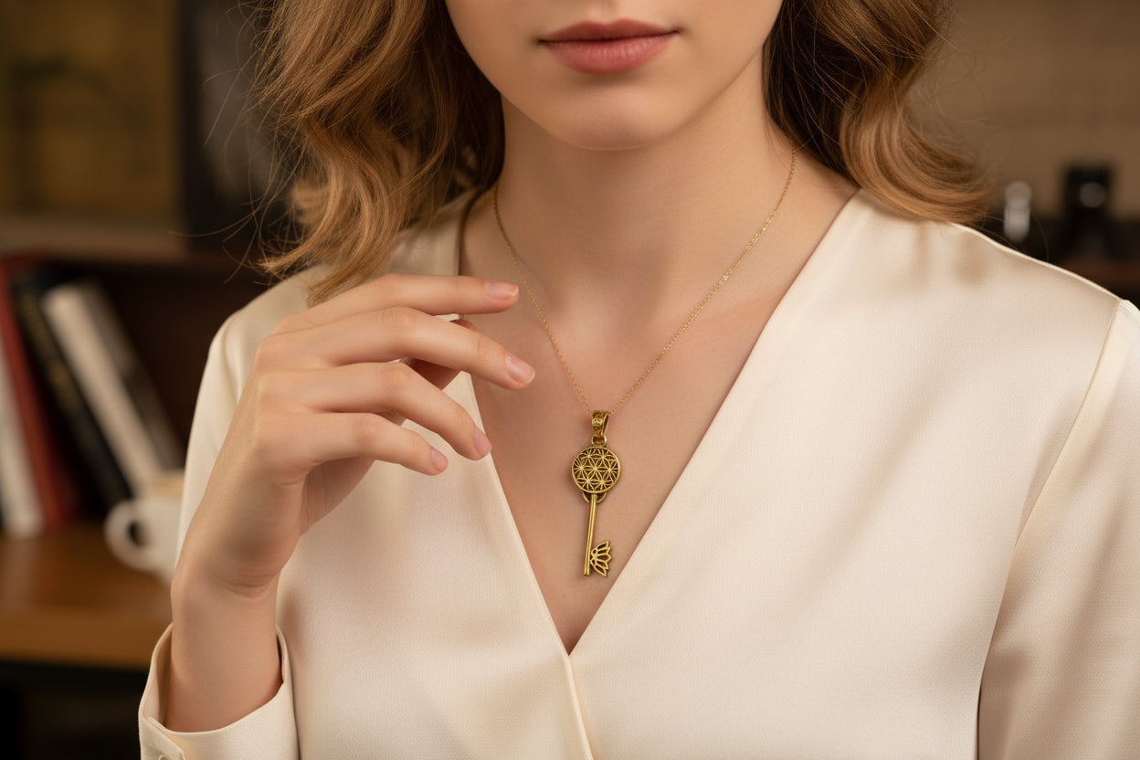 Gold Flower of Life Key Pendant, Egyptian Talisman Necklace