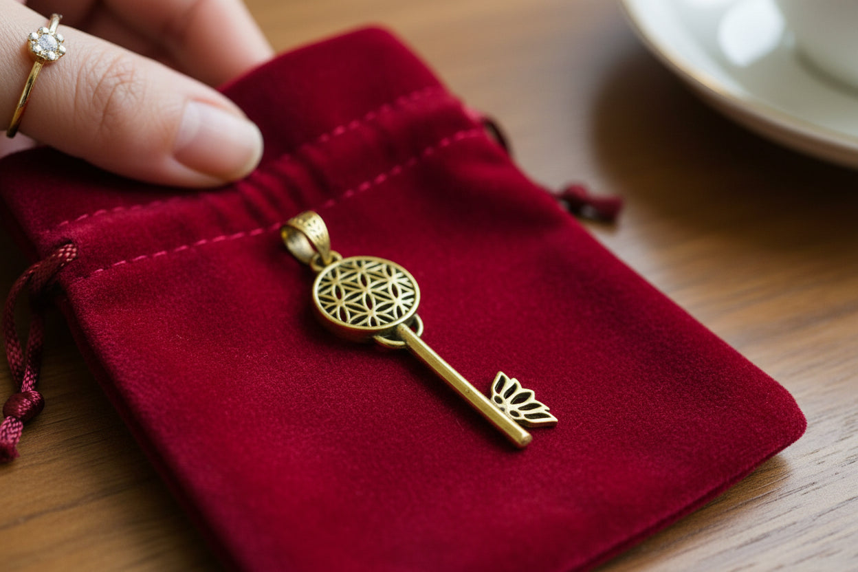 Gold Flower of Life Key Pendant, Egyptian Talisman Necklace