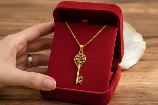 Gold Flower of Life Key Pendant, Egyptian Talisman Necklace