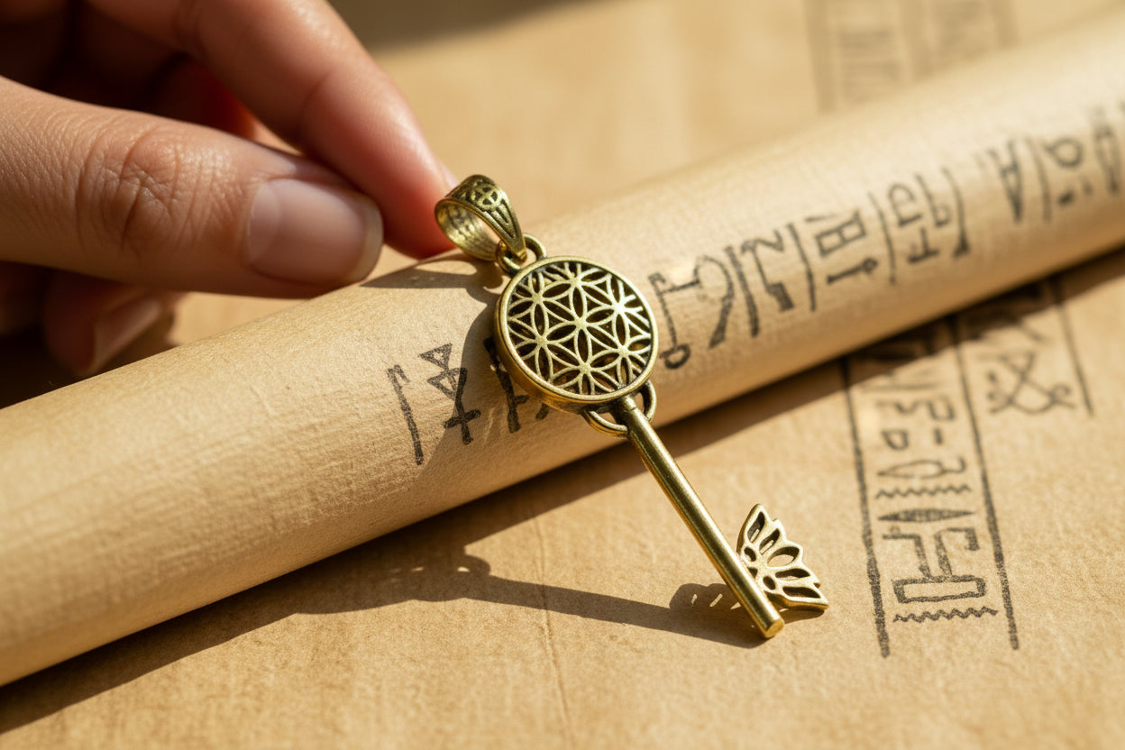 Gold Flower of Life Key Pendant, Egyptian Talisman Necklace