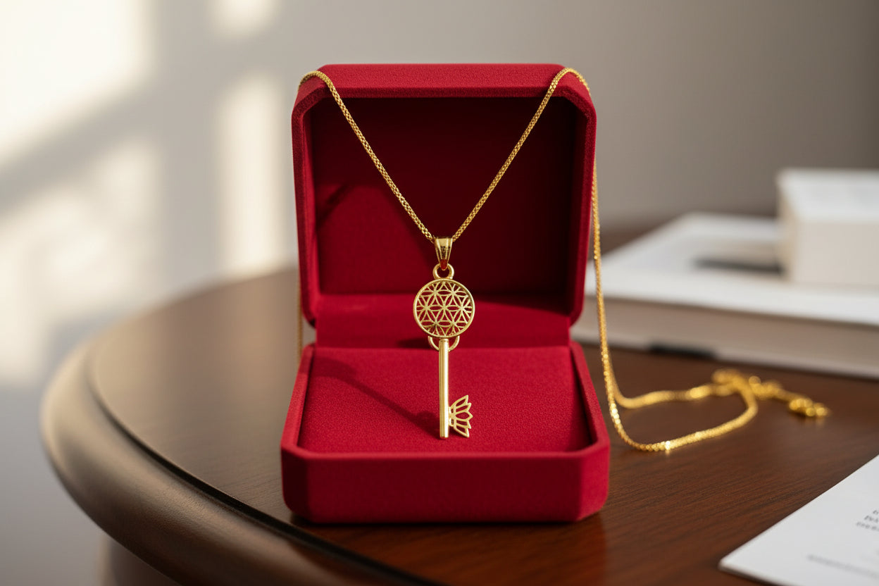 Gold Flower of Life Key Pendant, Egyptian Talisman Necklace