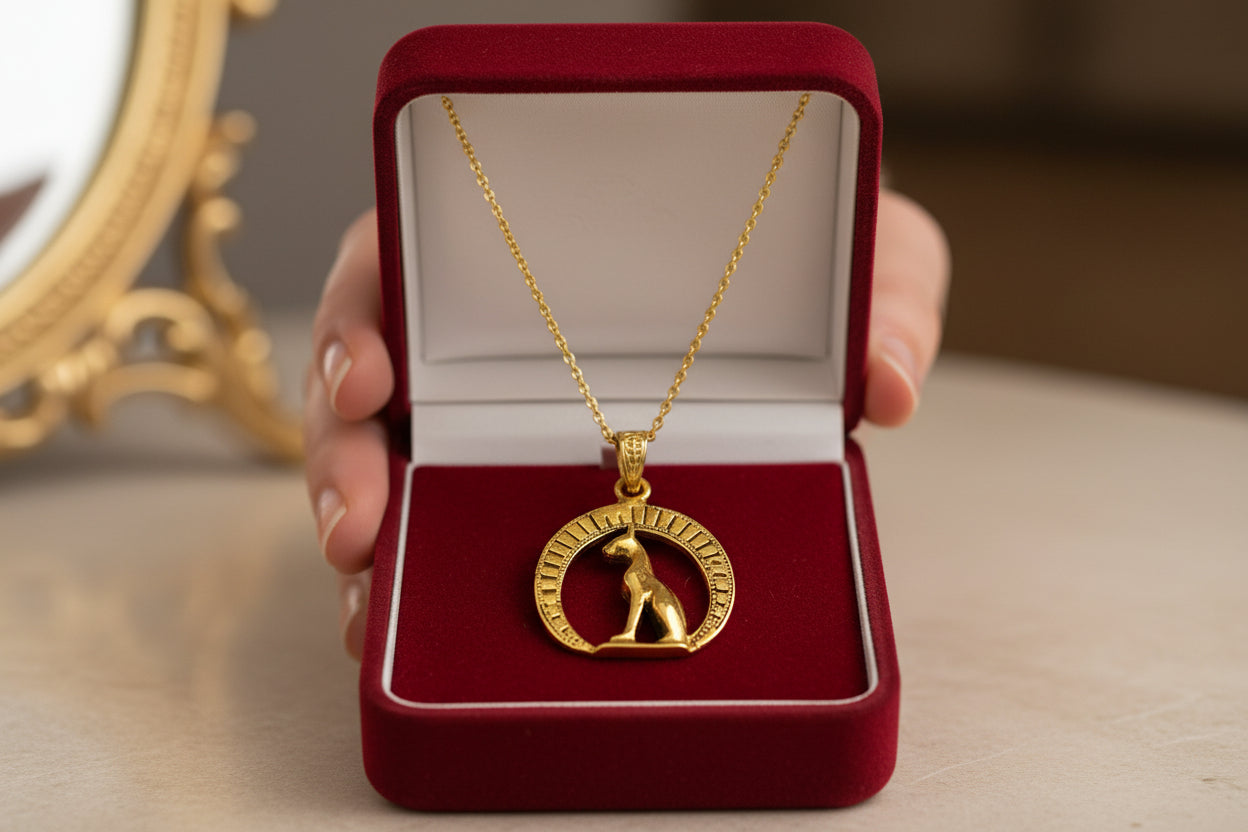 Gold Goddess Bastet Cat Pendant Necklace, Egyptian Talisman Jewelry