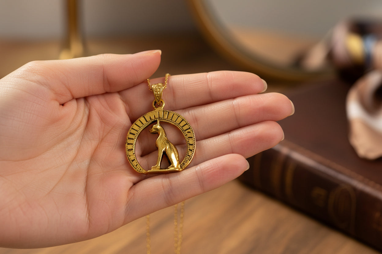 Gold Goddess Bastet Cat Pendant Necklace, Egyptian Talisman Jewelry