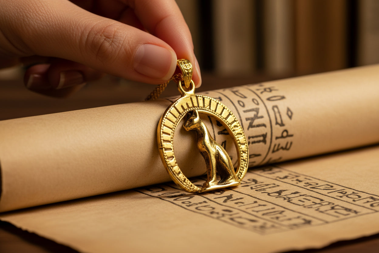 Gold Goddess Bastet Cat Pendant Necklace, Egyptian Talisman Jewelry