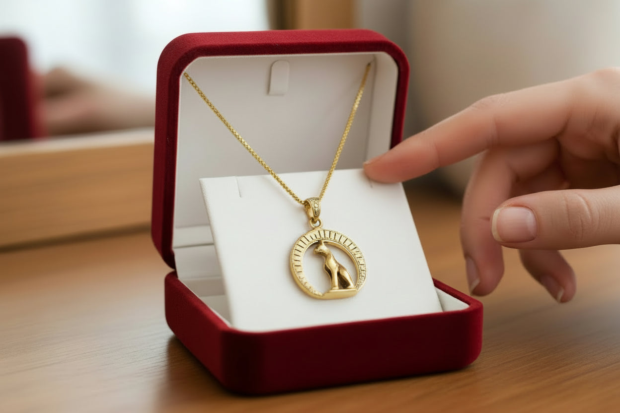 Gold Goddess Bastet Cat Pendant Necklace, Egyptian Talisman Jewelry