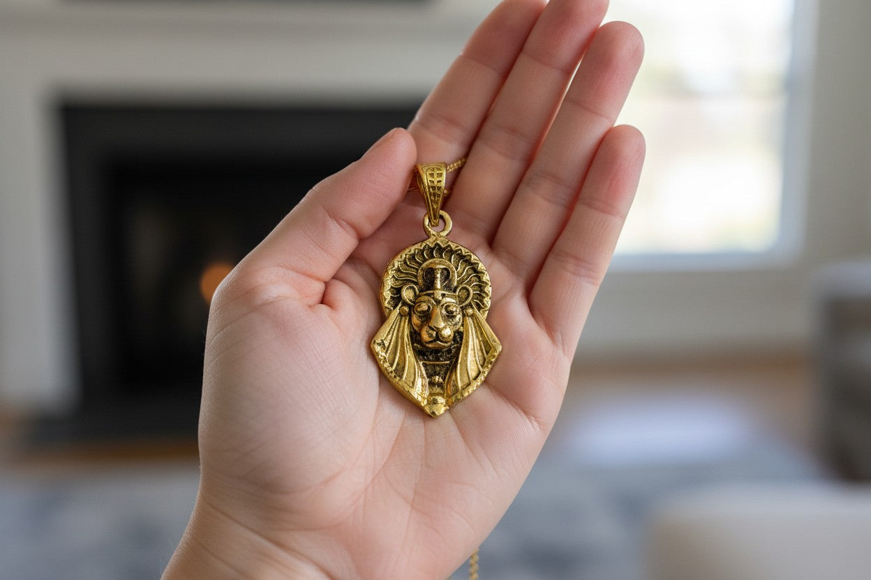 Gold Sekhmet Pendant, Egyptian Revival Necklace, Divine Talisman