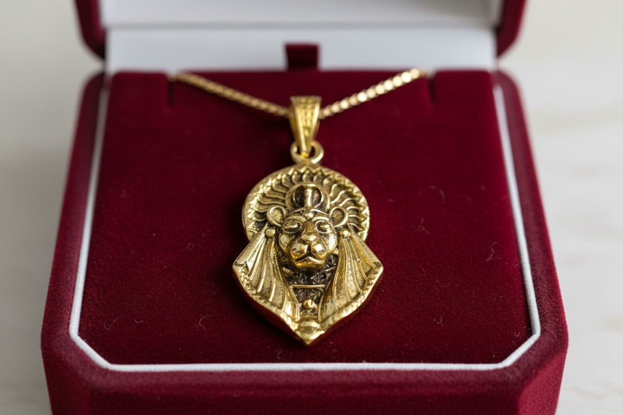 Gold Sekhmet Pendant, Egyptian Revival Necklace, Divine Talisman
