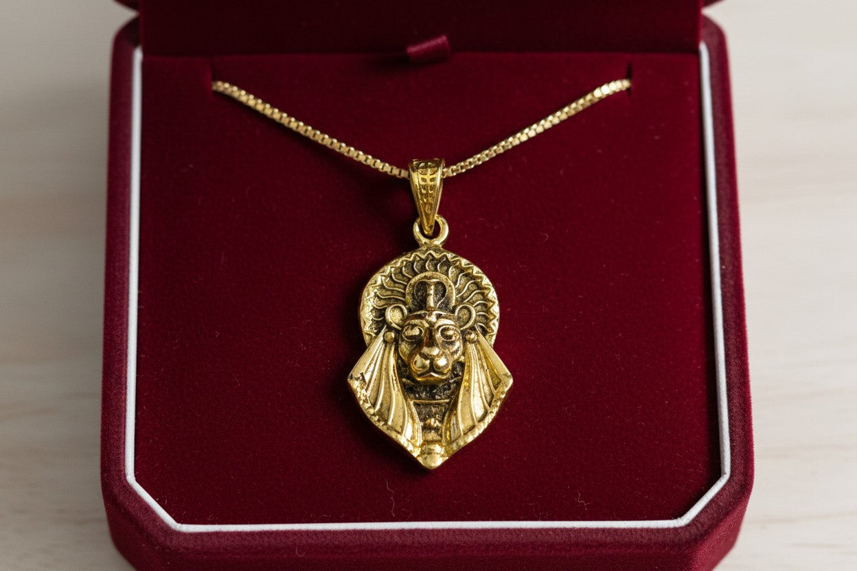 Gold Sekhmet Pendant, Egyptian Revival Necklace, Divine Talisman
