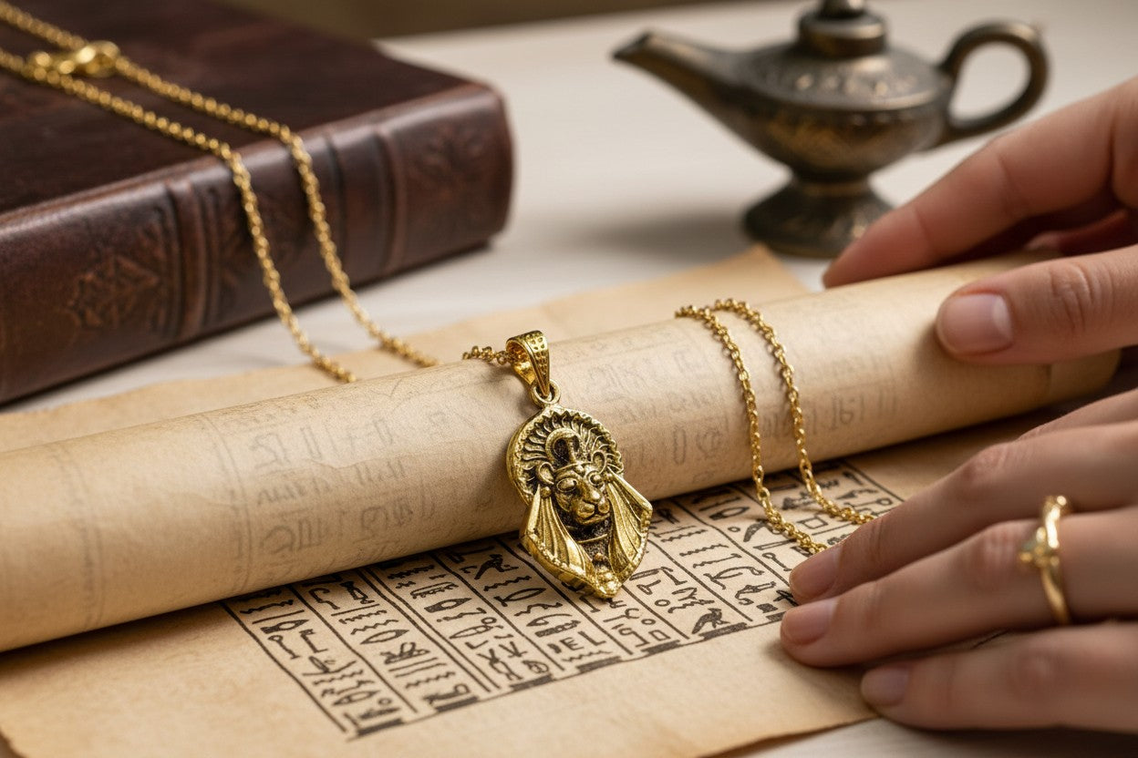 Gold Sekhmet Pendant, Egyptian Revival Necklace, Divine Talisman