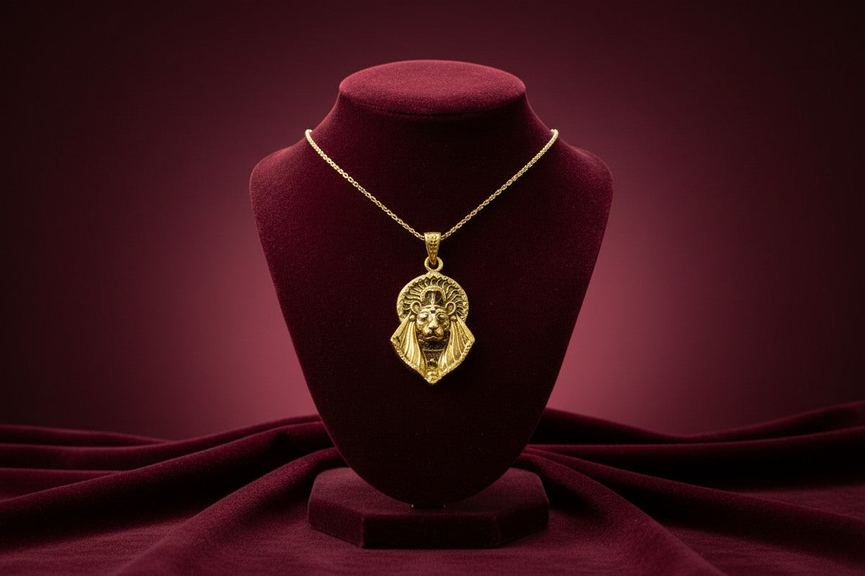 Gold Sekhmet Pendant, Egyptian Revival Necklace, Divine Talisman
