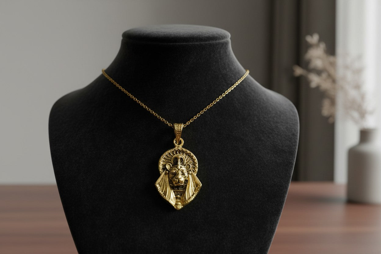 Gold Sekhmet Pendant, Egyptian Revival Necklace, Divine Talisman