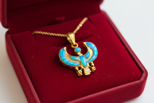 Gold God Horus Opal Pendant, Egyptian Revival Jewelry