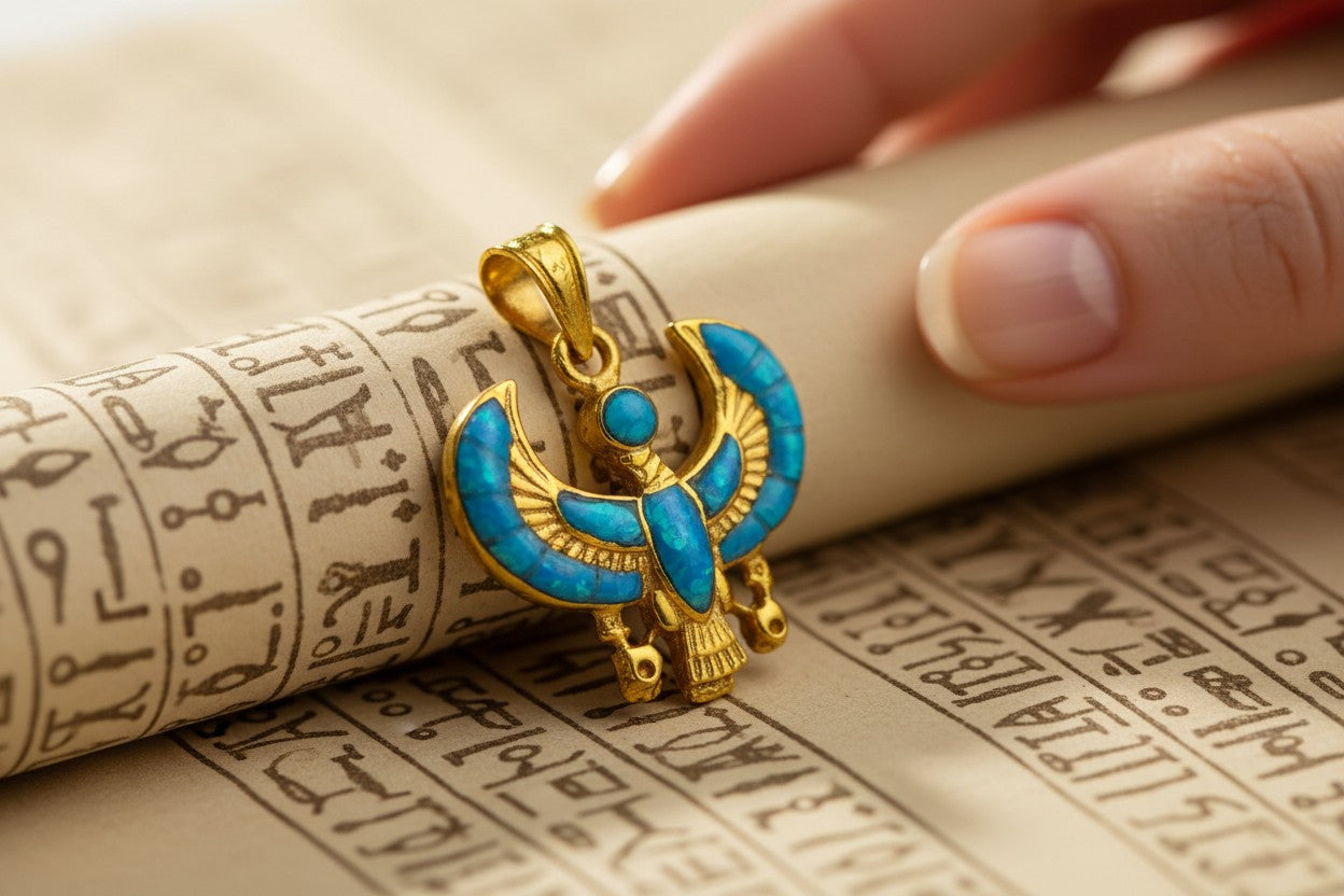 Gold God Horus Opal Pendant, Egyptian Revival Jewelry