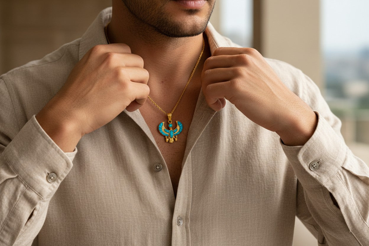 Gold God Horus Opal Pendant, Egyptian Revival Jewelry