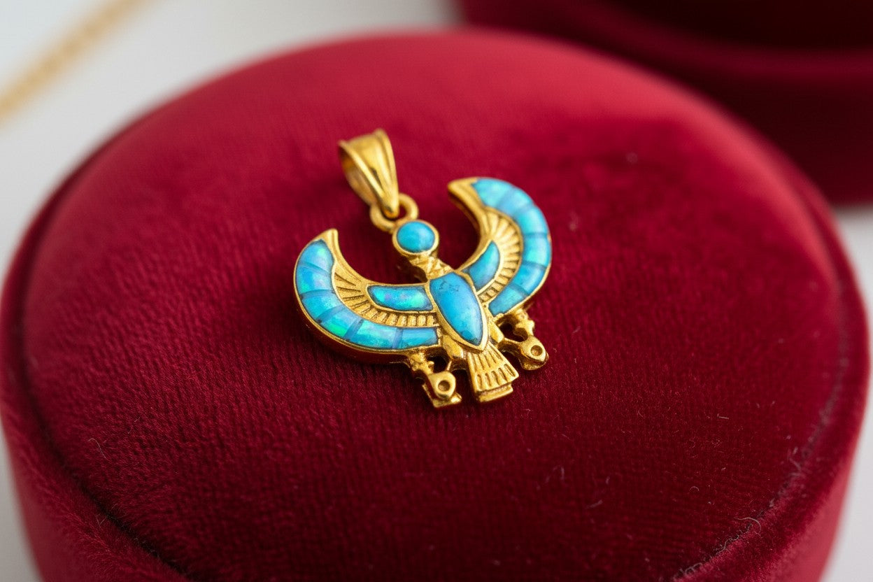 Gold God Horus Opal Pendant, Egyptian Revival Jewelry