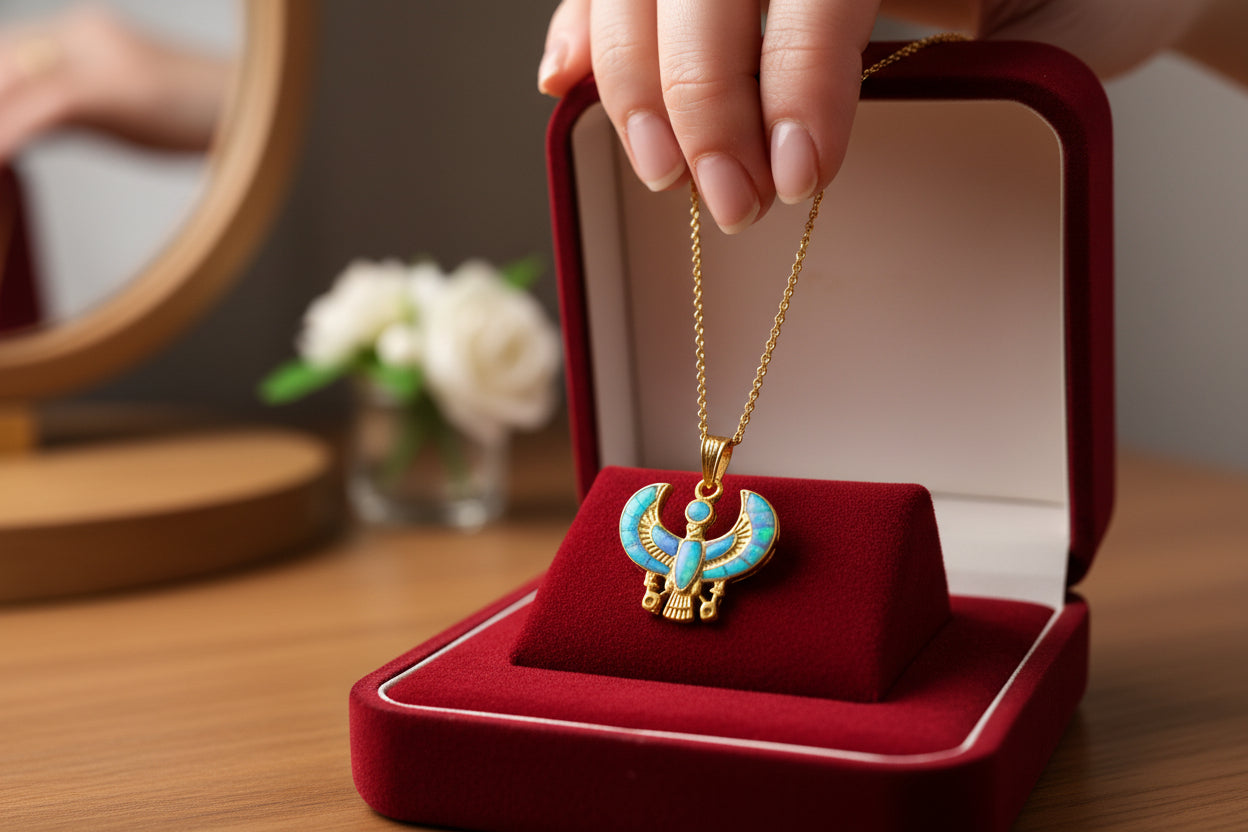 Gold God Horus Opal Pendant, Egyptian Revival Jewelry
