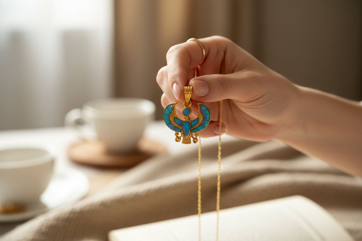 Gold God Horus Opal Pendant, Egyptian Revival Jewelry