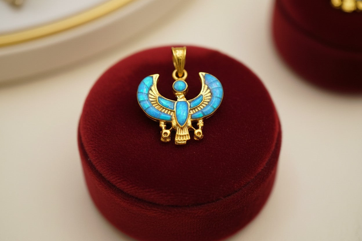 Gold God Horus Opal Pendant, Egyptian Revival Jewelry