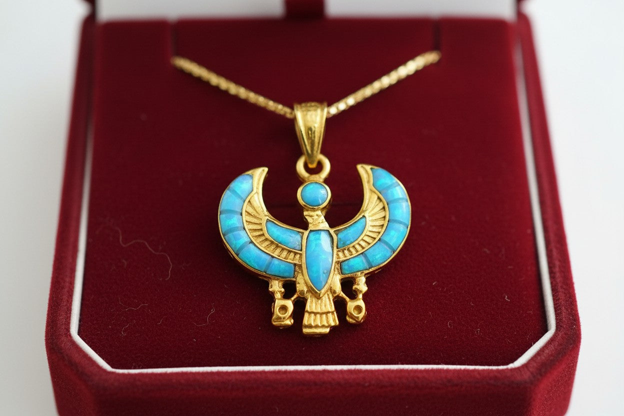 Gold God Horus Opal Pendant, Egyptian Revival Jewelry