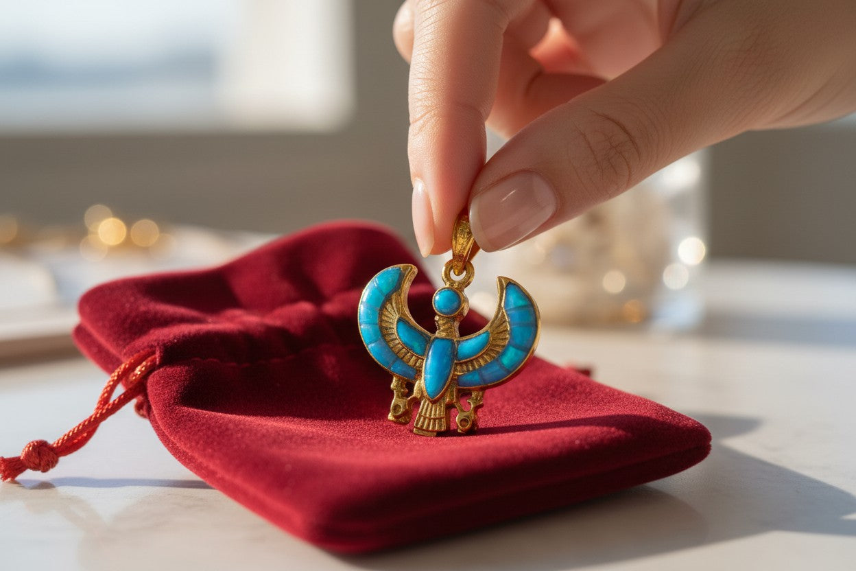 Gold God Horus Opal Pendant, Egyptian Revival Jewelry