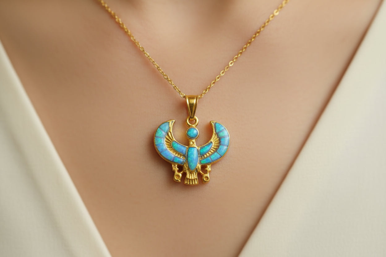 Gold God Horus Opal Pendant, Egyptian Revival Jewelry