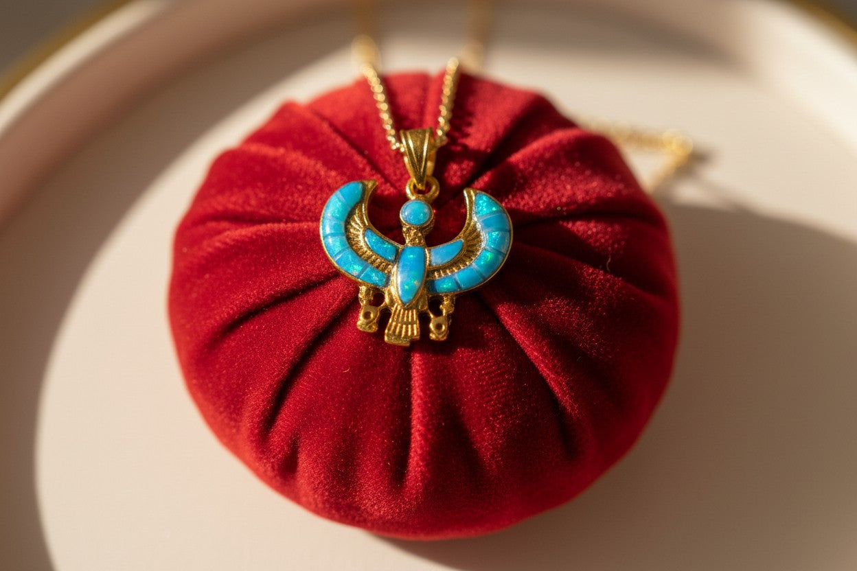 Gold God Horus Opal Pendant, Egyptian Revival Jewelry