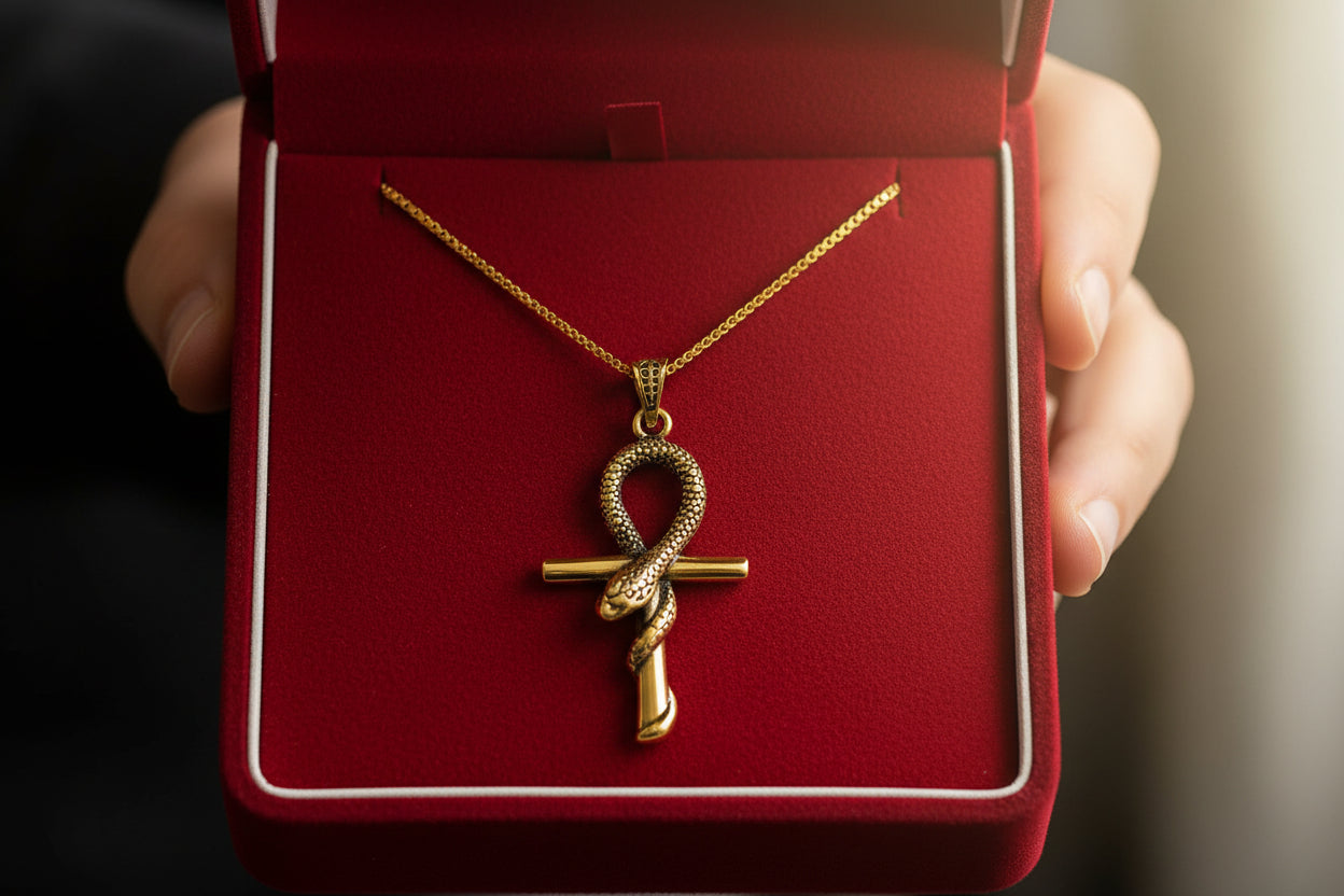 Gold Ankh Necklace, Egyptian Key of Life Talisman Pendant