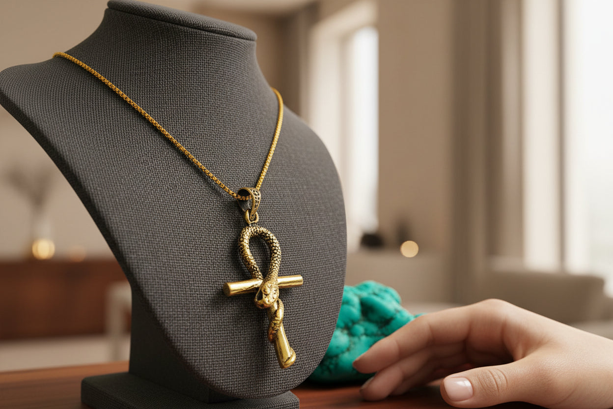 Gold Ankh Necklace, Egyptian Key of Life Talisman Pendant