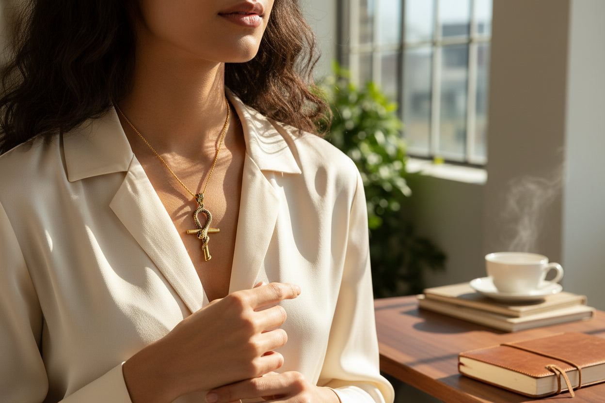 Gold Ankh Necklace, Egyptian Key of Life Talisman Pendant