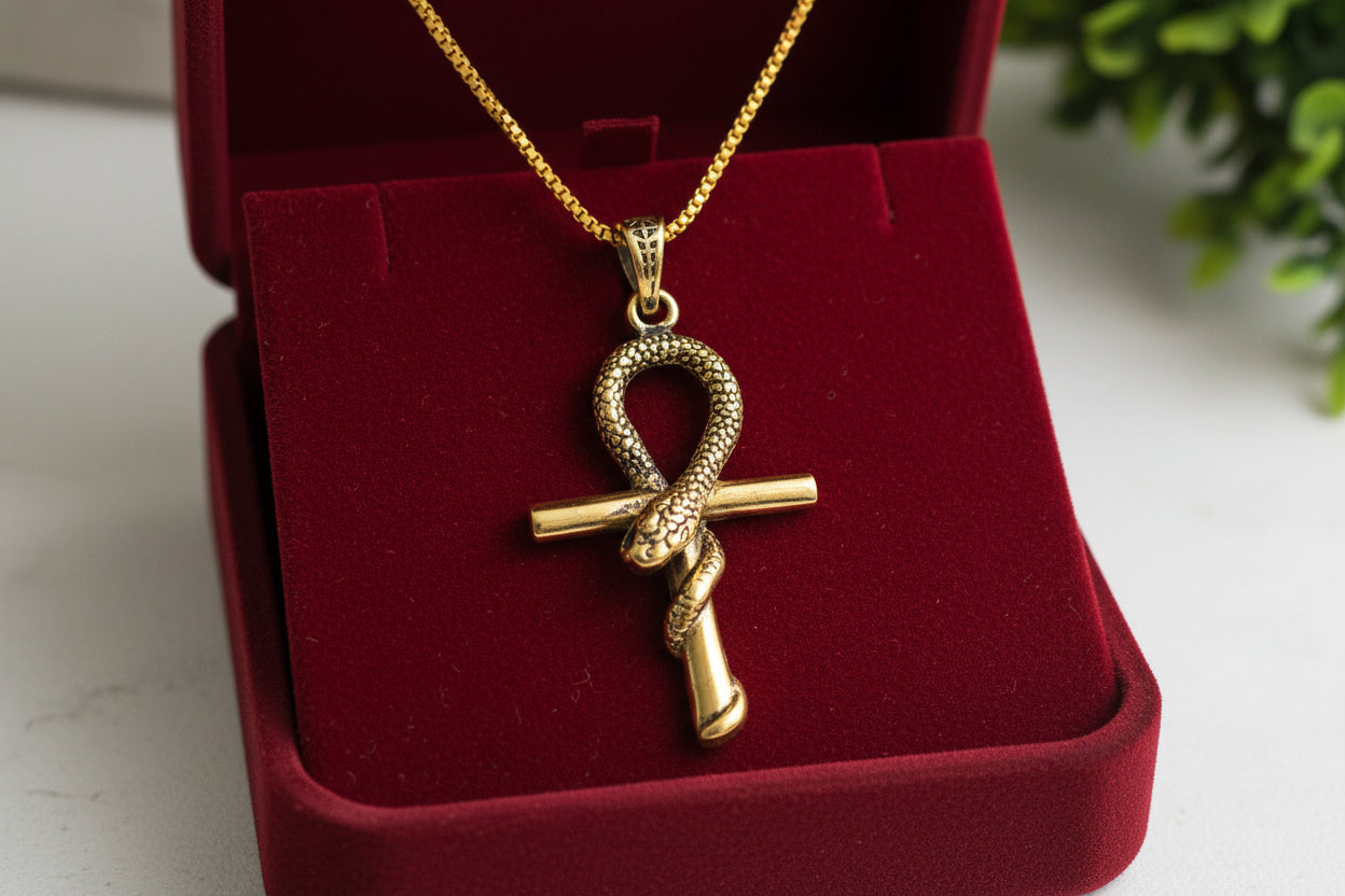 Gold Ankh Necklace, Egyptian Key of Life Talisman Pendant