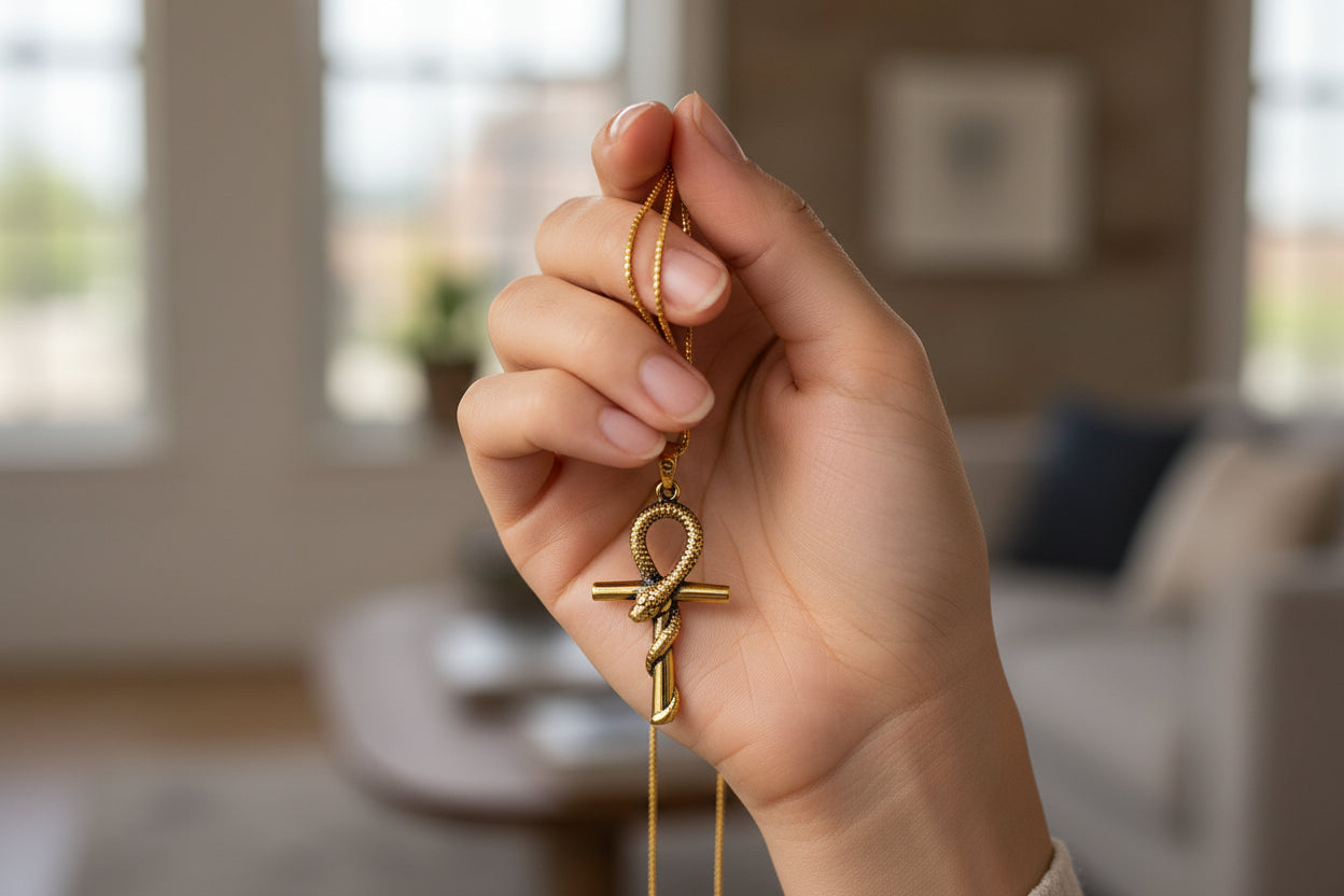 Gold Ankh Necklace, Egyptian Key of Life Talisman Pendant