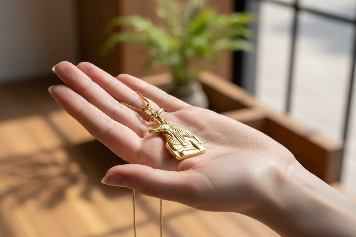 Gold Anubis Pendant Necklace, Handmade Egyptian Revival Jewelry
