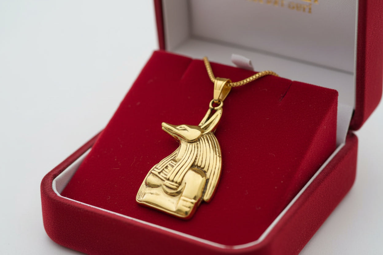 Gold Anubis Pendant Necklace, Handmade Egyptian Revival Jewelry