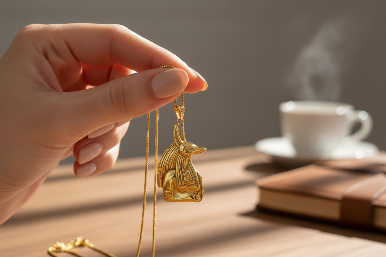 Gold Anubis Pendant Necklace, Handmade Egyptian Revival Jewelry