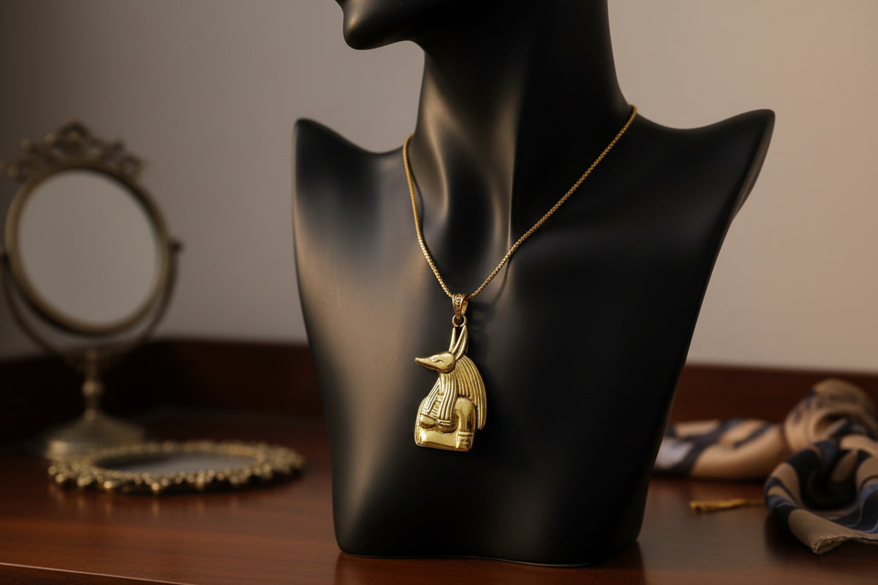 Gold Anubis Pendant Necklace, Handmade Egyptian Revival Jewelry