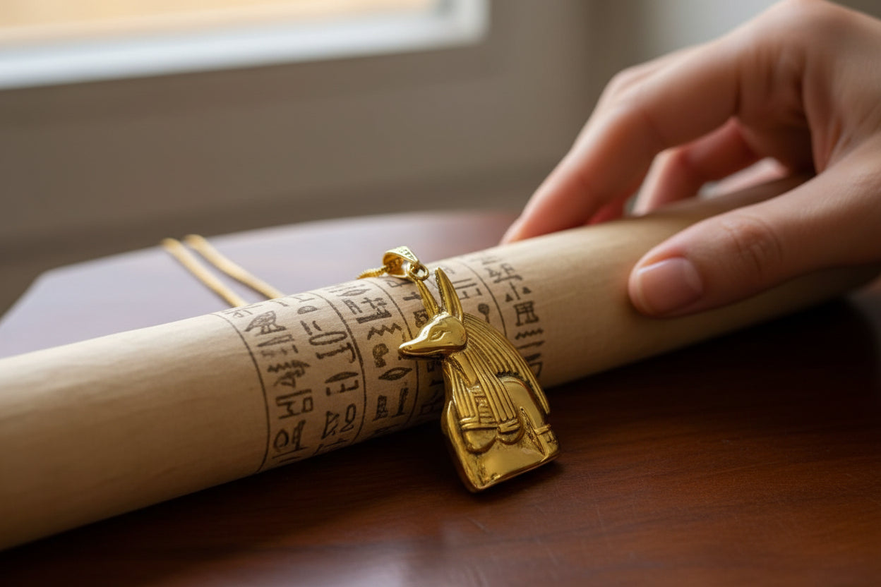 Gold Anubis Pendant Necklace, Handmade Egyptian Revival Jewelry